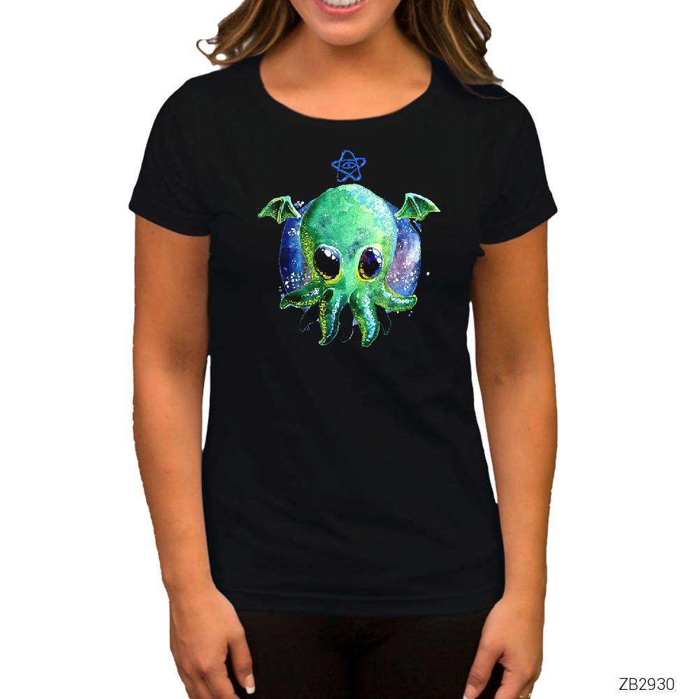 Ahtapot Sevimli Siyah Kadın Tişört