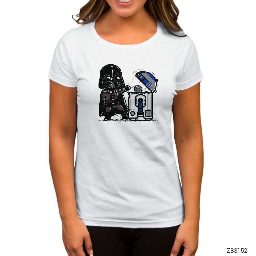 Darth Vader R2D2 Trashcan Beyaz Kadın Tişört