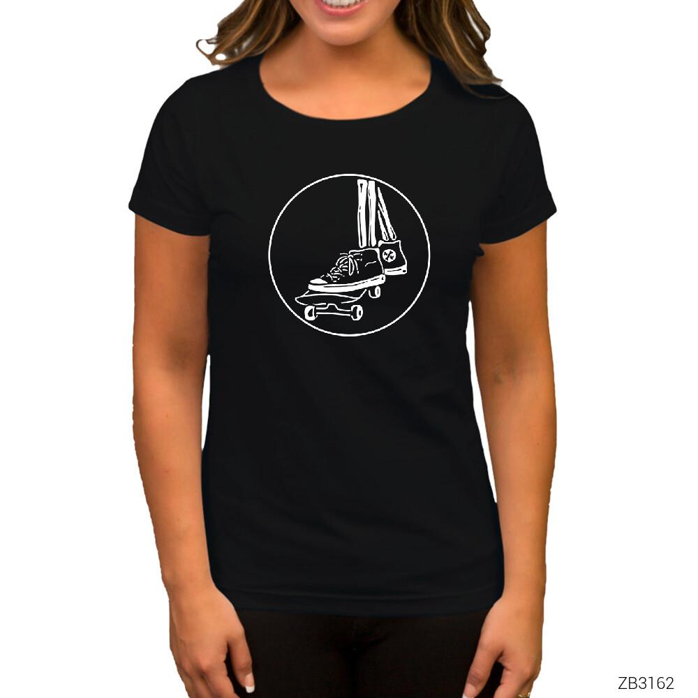 Skater Skull Siyah Kadın Tişört