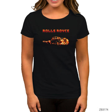 Rolls Royce In Fire Siyah Kadın Tişört