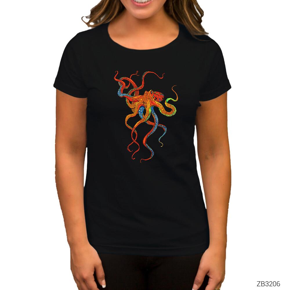 Ahtapot Octopus Full Color Siyah Kadın Tişört