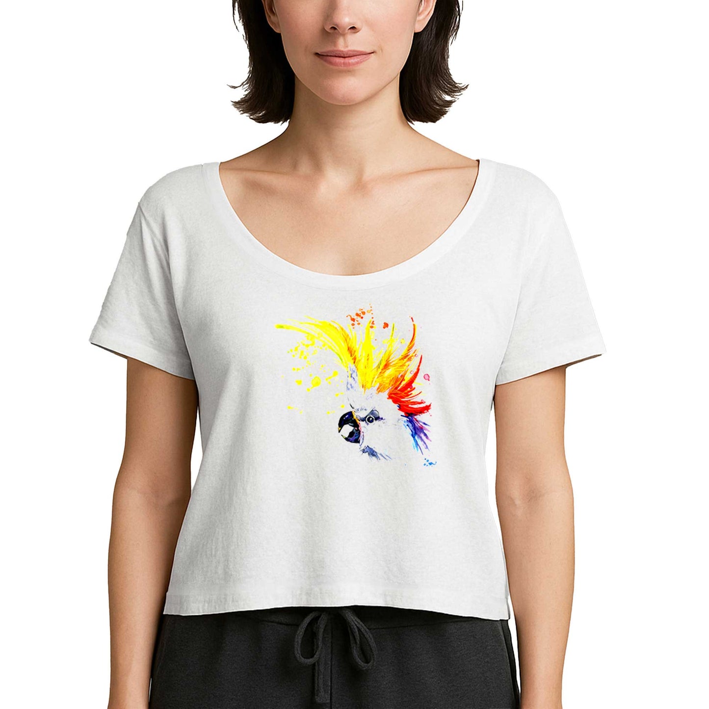 Papağan Sulu Boya Beyaz Kadın Tişört