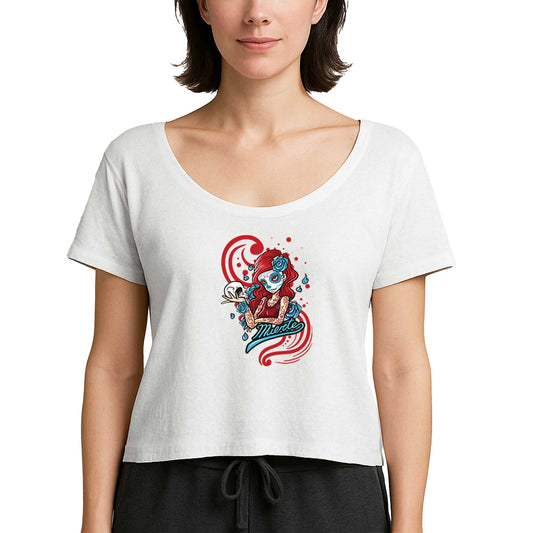 Model Girl With Red Tatto Cartoon Beyaz Kadın Tişört