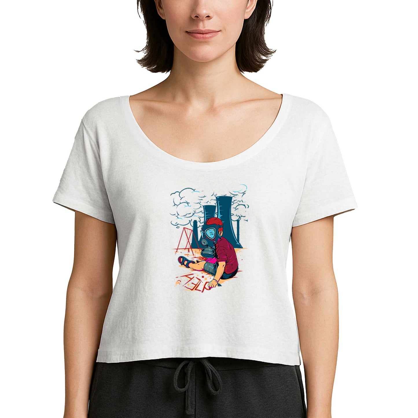 Gas Mask Boy Cartoon Beyaz Kadın Tişört