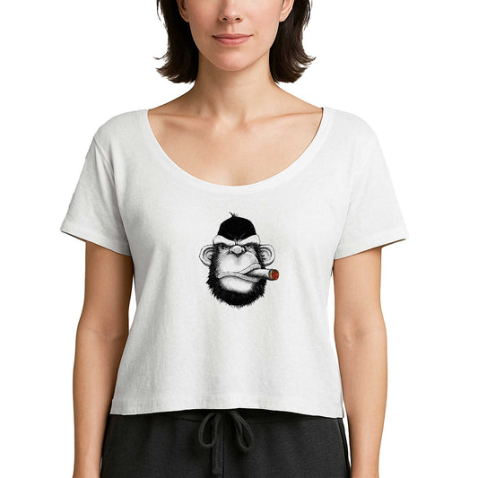 Pro Drinking Monkey Cartoon Beyaz Kadın Tişört