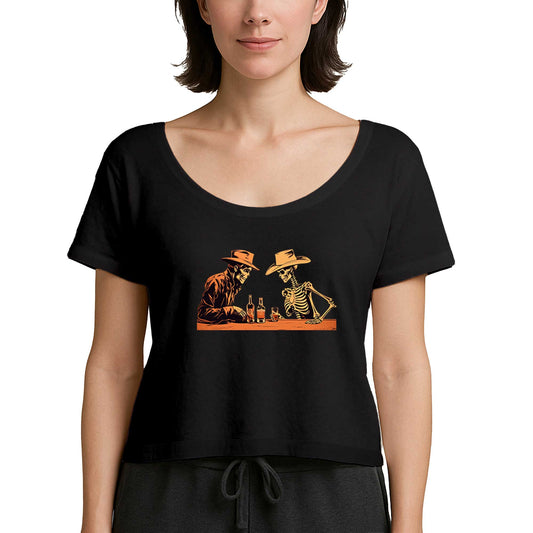 Skelton Cowboy Bar Siyah Kadın Tişört