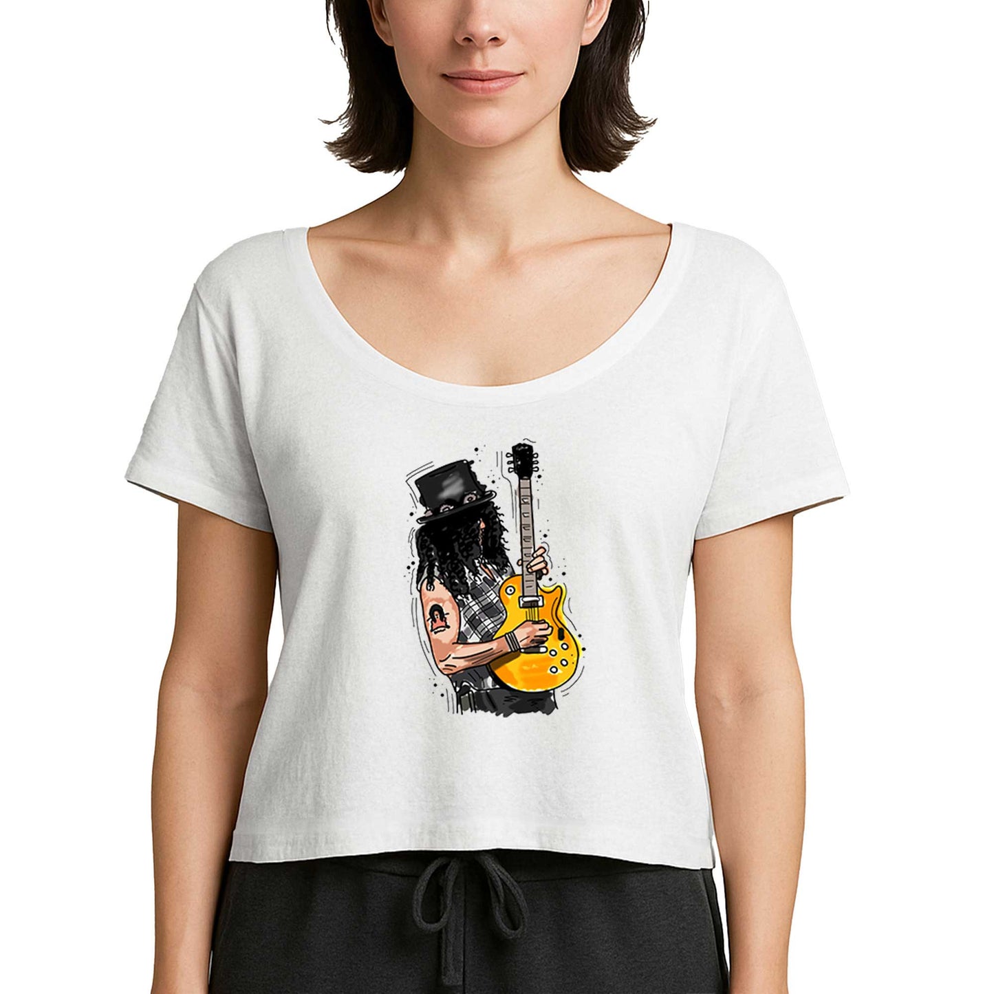 Slash Guitar Cartoon Beyaz Kadın Tişört