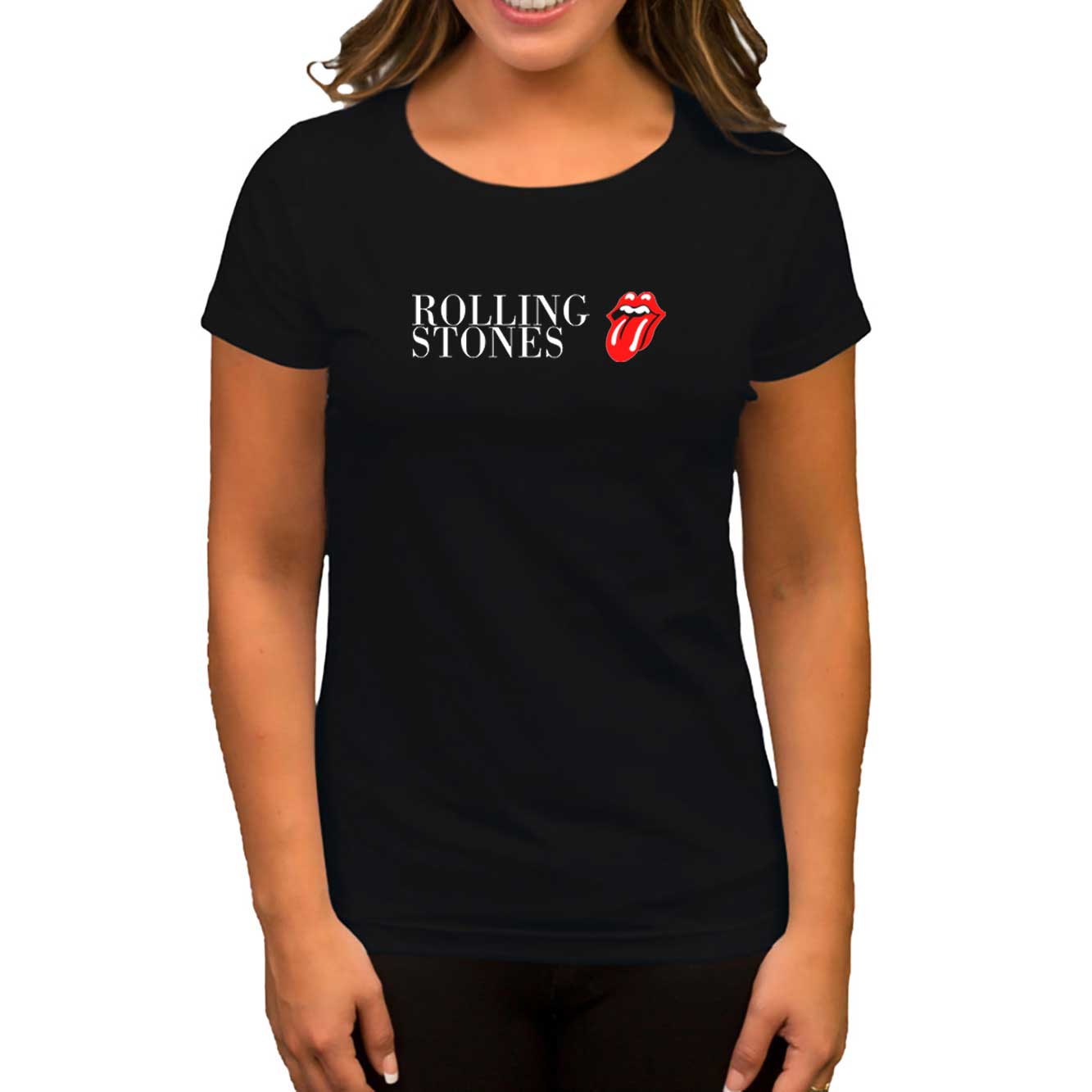 The Rolling Stones Logo Text Siyah Kadın Tişört