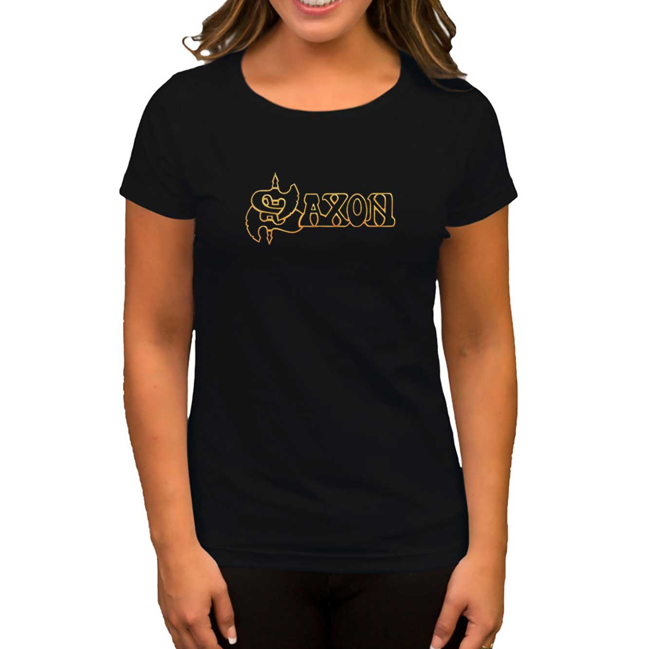 Saxon Gold Logo Siyah Kadın Tişört