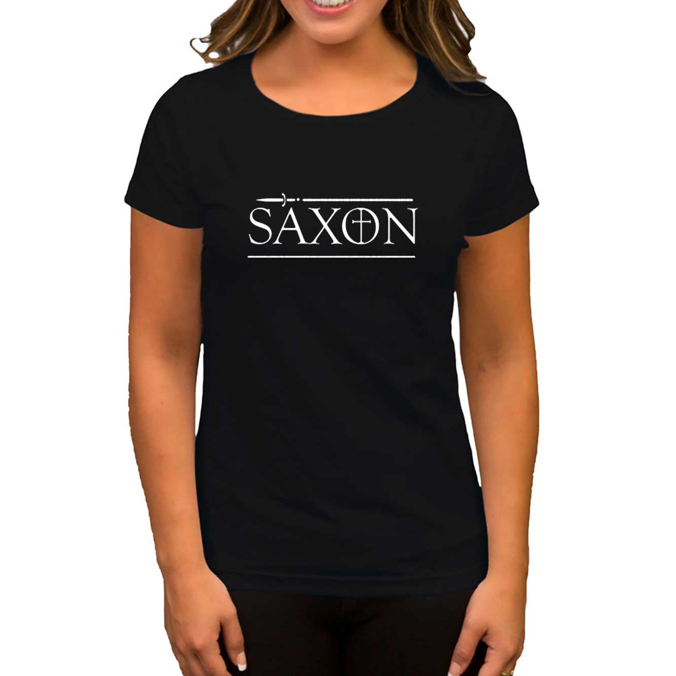 Saxon Logo Siyah Kadın Tişört