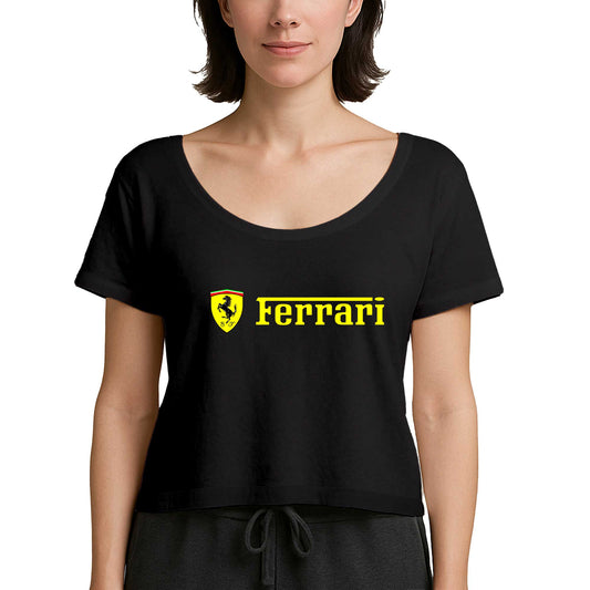 Ferrari Logo Gold Text Siyah Kadın Tişört