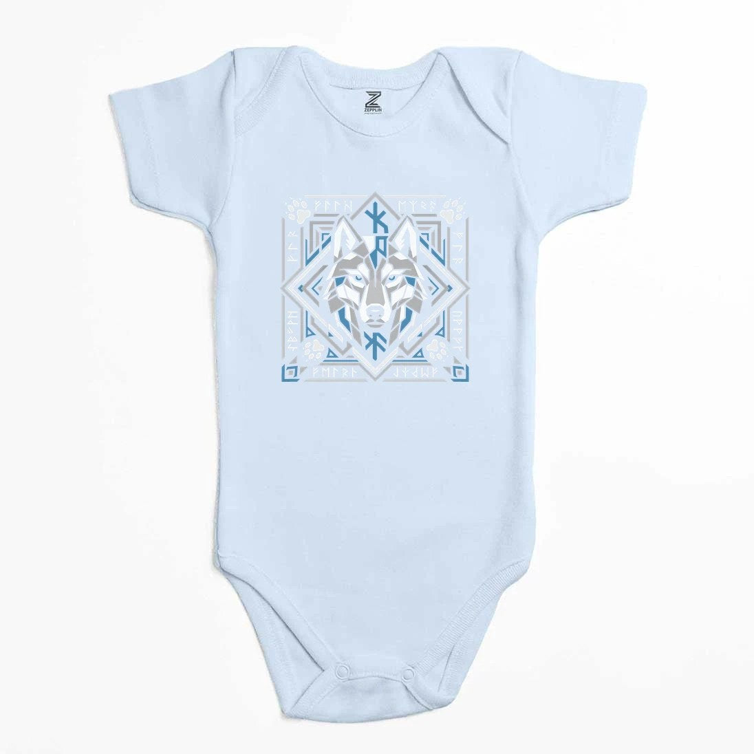 Geometrik Çerçeveli Kurt Başı Baskılı Renkli Bebek Body Zıbın