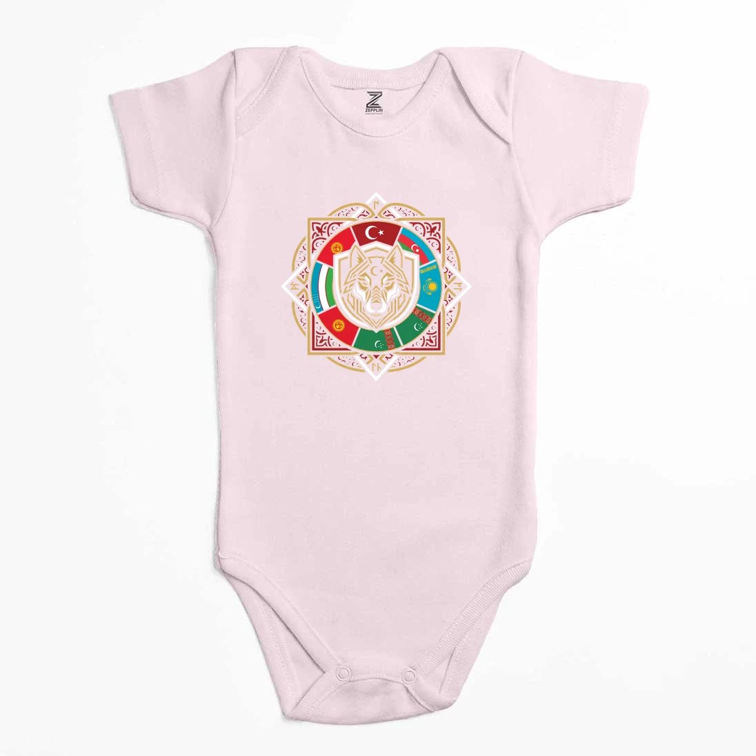 Sekizgen Mandala Bayraklı Bozkurt Baskılı Renkli Bebek Body Zıbın