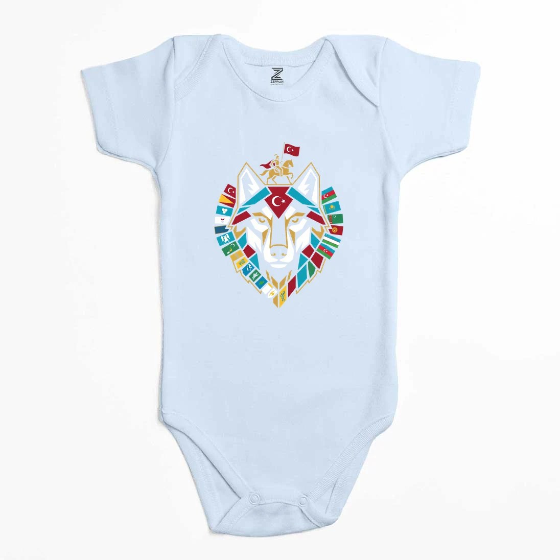Totem Tarzı Renkli Bozkurt Amblemi Baskılı Renkli Bebek Body Zıbın