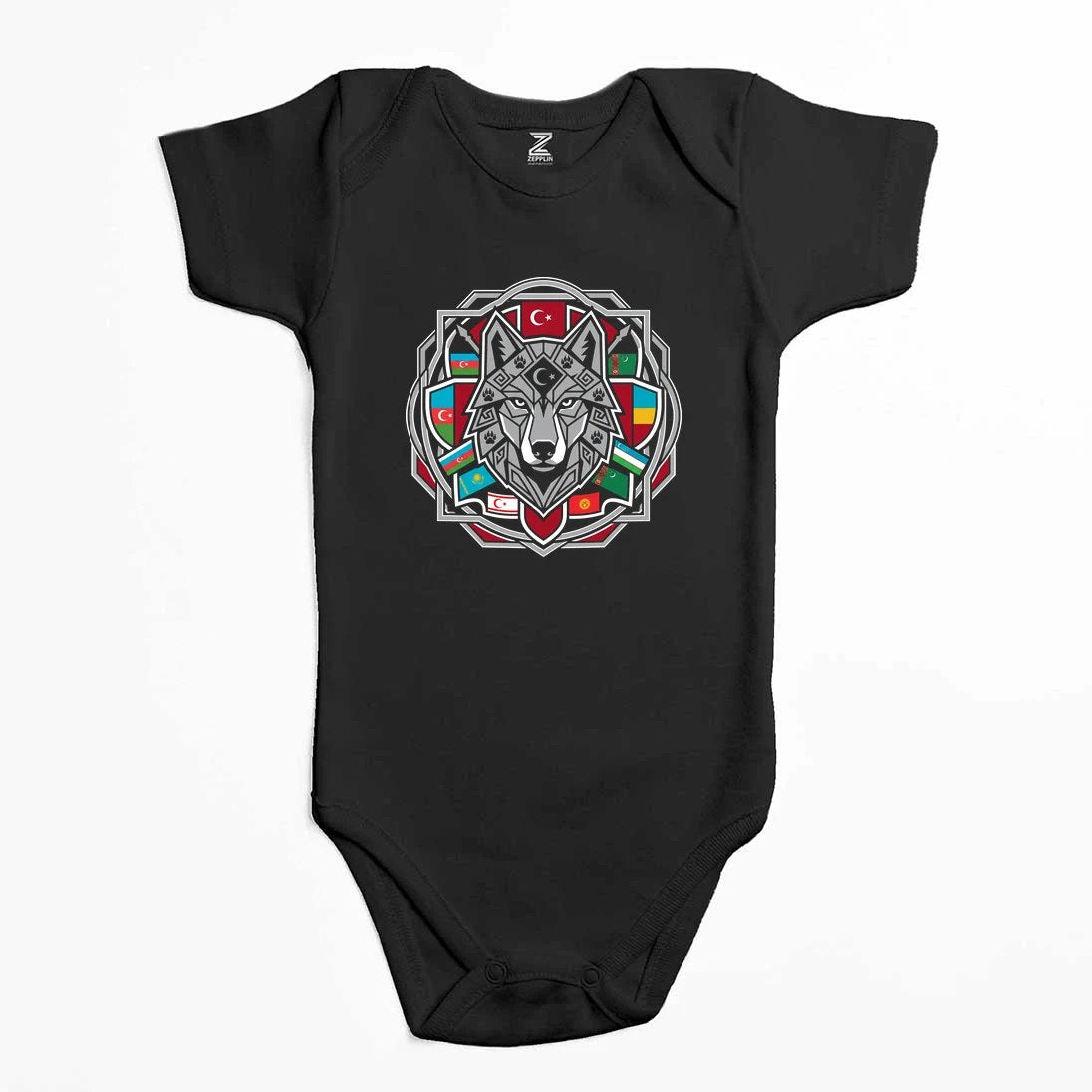 Mandala Desenli Bayraklı Gri Kurt Baskılı Renkli Bebek Body Zıbın