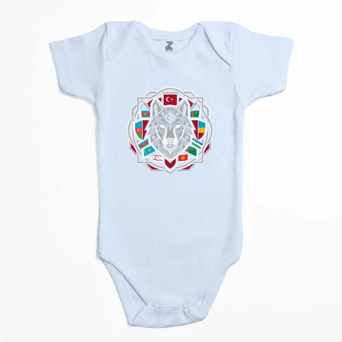 Mandala Desenli Bayraklı Gri Kurt Baskılı Renkli Bebek Body Zıbın