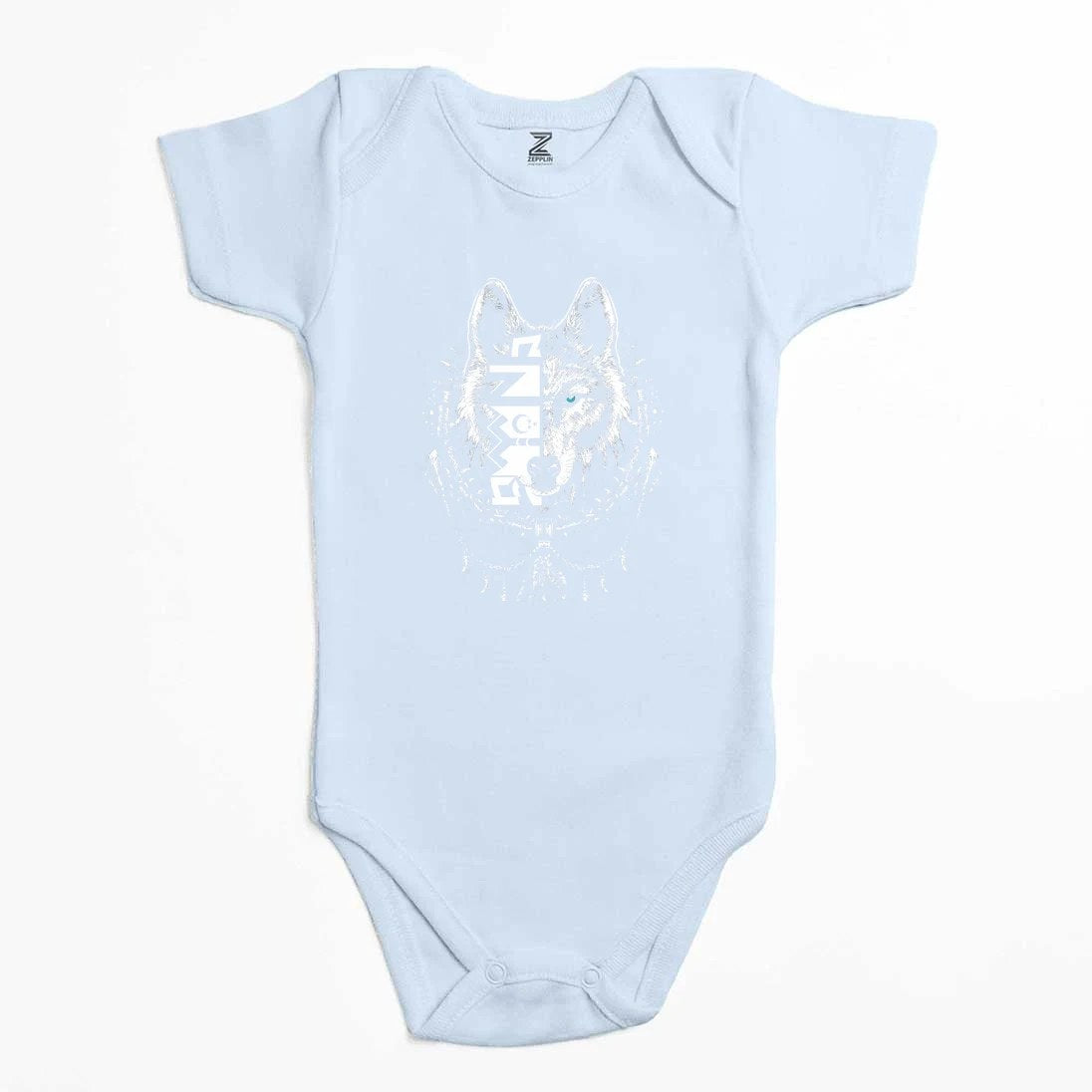 Beyaz Eskiz Tarzı Kurt Başı Baskılı Renkli Bebek Body Zıbın