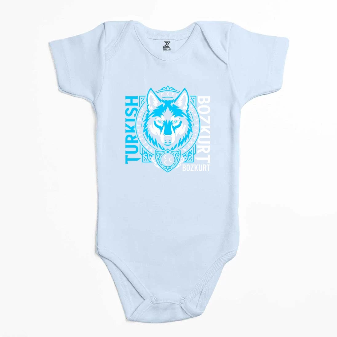 Dikey Turkish Bozkurt Tipografili Mavi Baskılı Renkli Bebek Body Zıbın