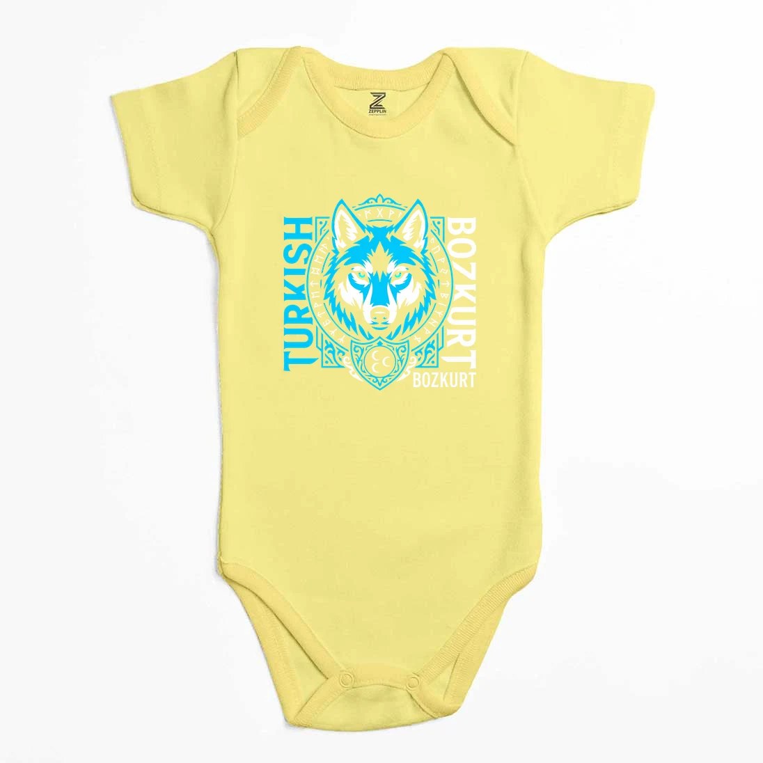 Dikey Turkish Bozkurt Tipografili Mavi Baskılı Renkli Bebek Body Zıbın