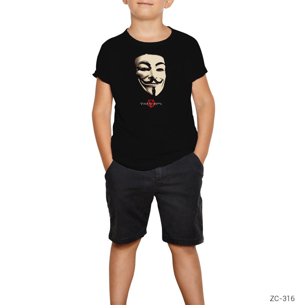 V For Vendetta Maske Siyah Çocuk Tişört