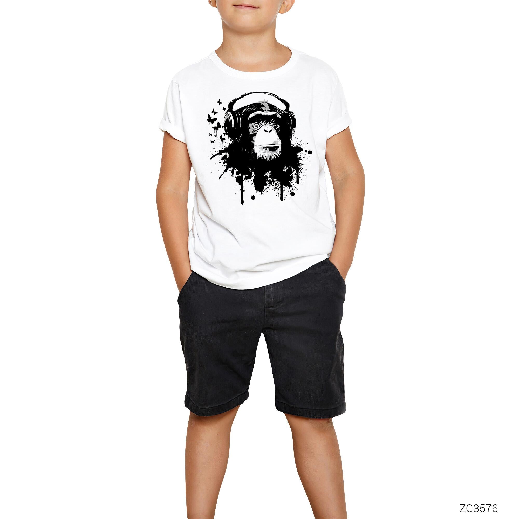 Maymun ve Müzik Beyaz Çocuk Tişört