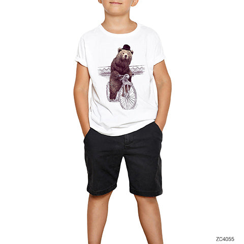 Bisikletli Ayı Beyaz Çocuk Tişört
