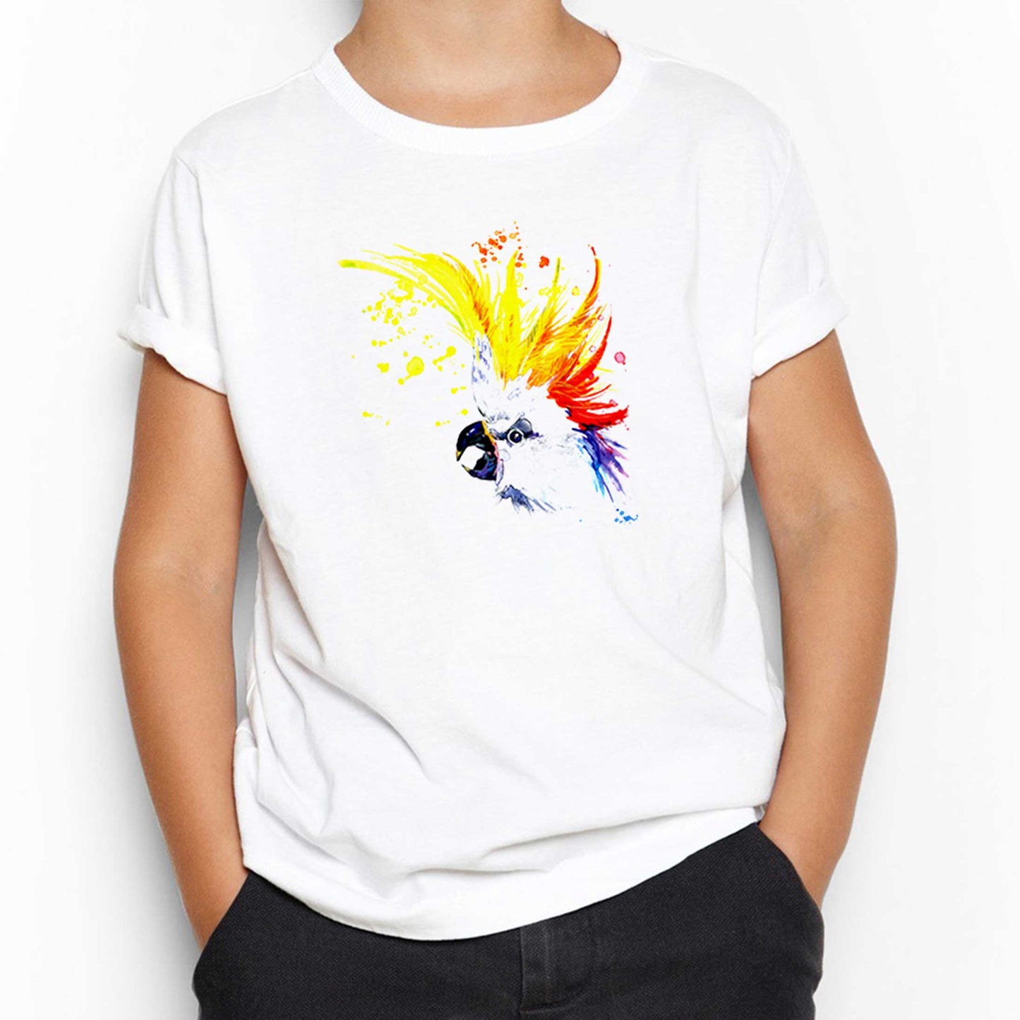 Papağan Sulu Boya Beyaz Çocuk Tişört