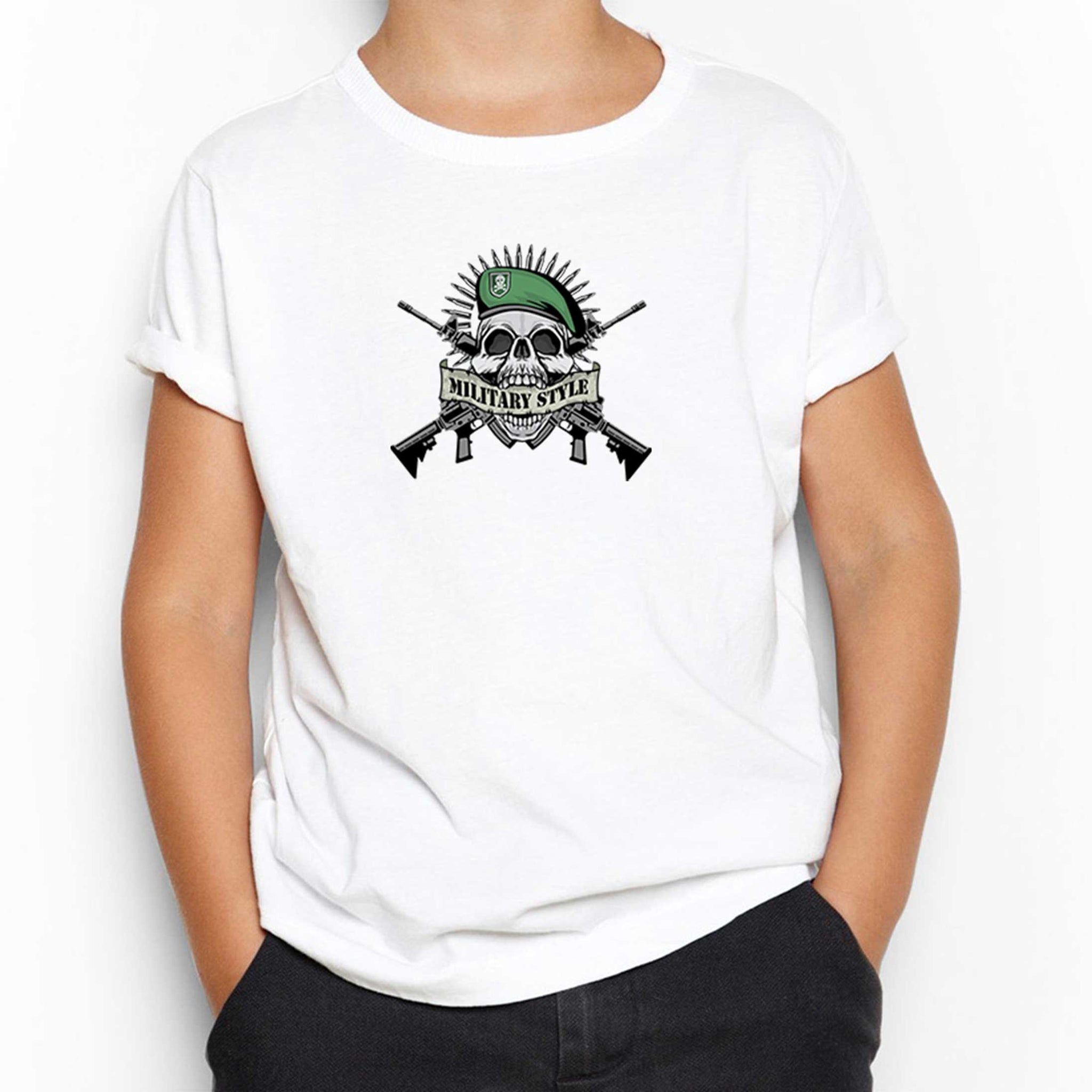 Military Style Skull Logo Beyaz Çocuk Tişört