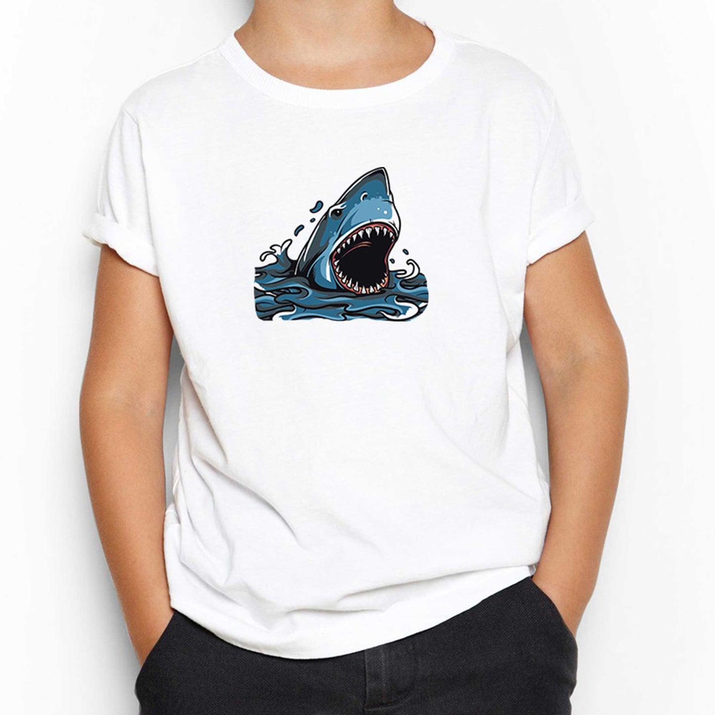 Shark Cartoon Beyaz Çocuk Tişört