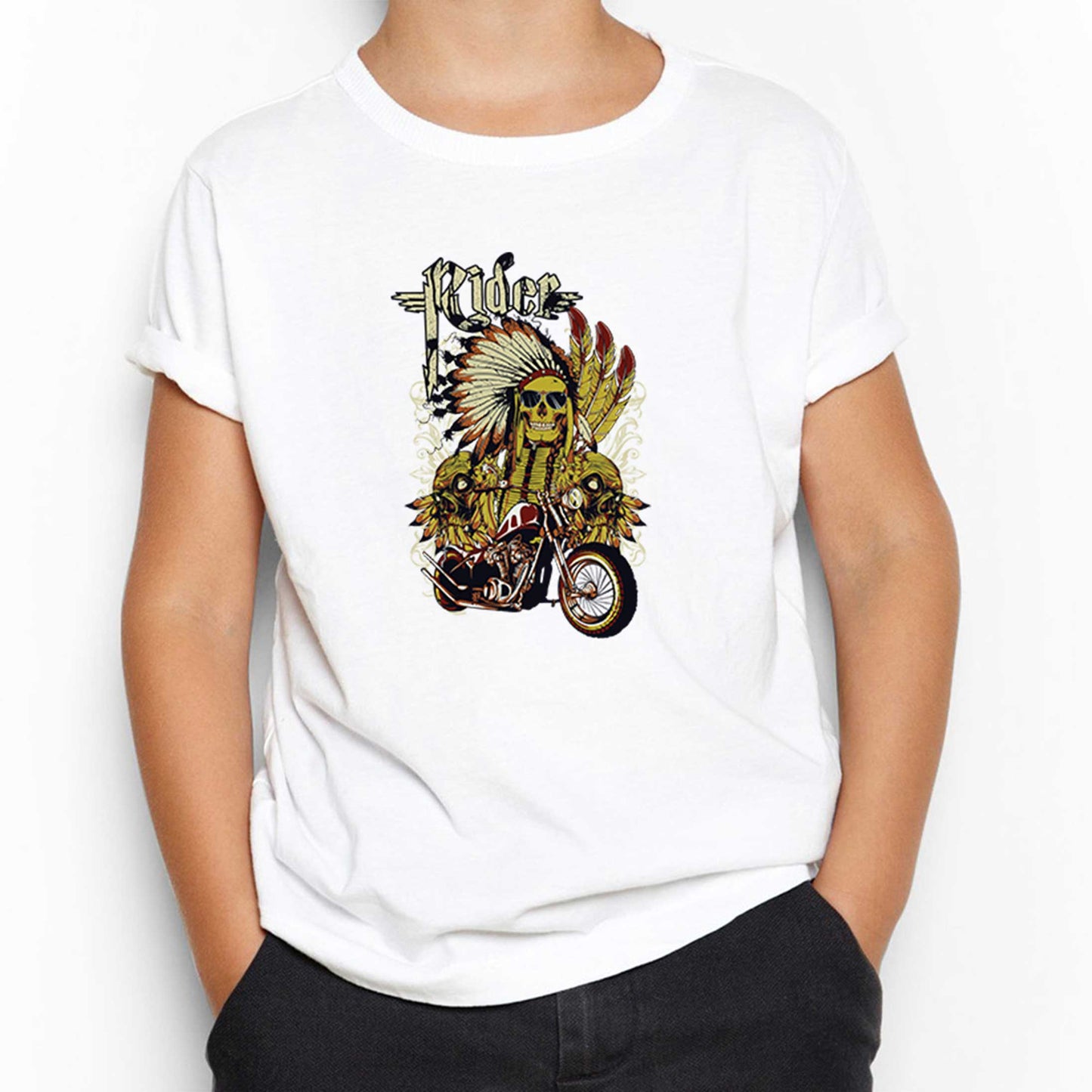 Motorcycle Skull Rider Beyaz Çocuk Tişört