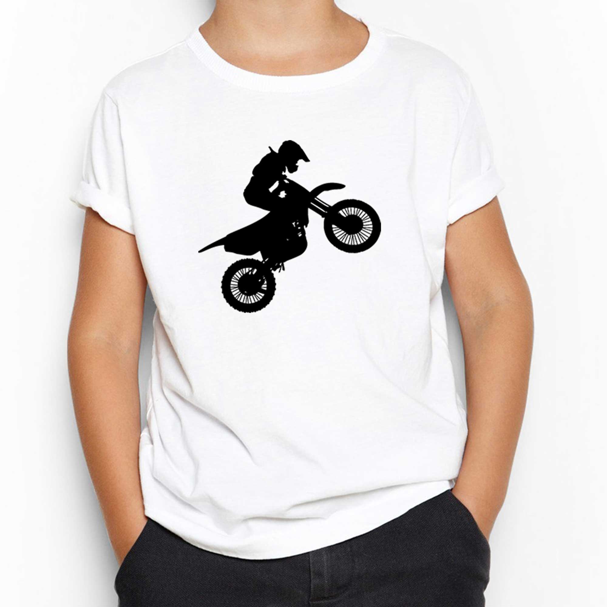 Motocross Motorcycle Siluet Beyaz Çocuk Tişört