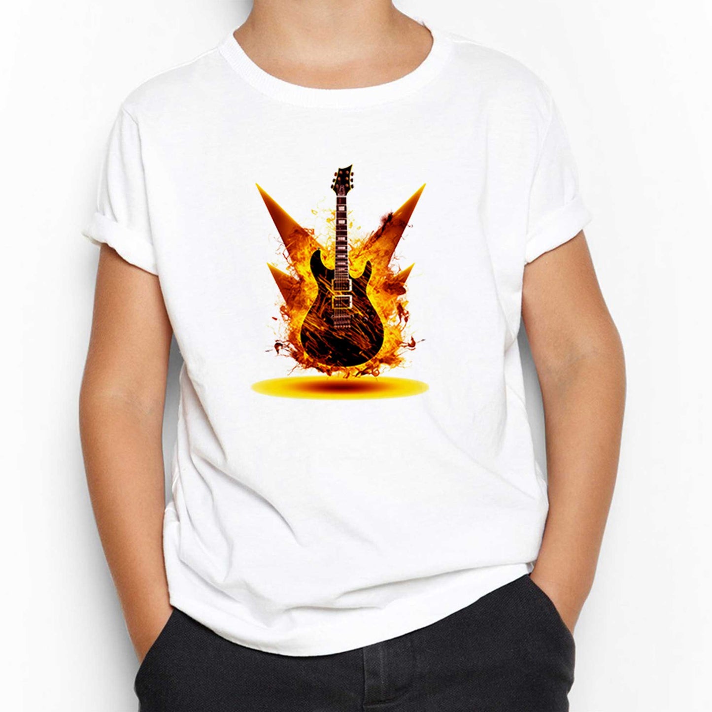 Classic Guitar Yellow Fire Beyaz Çocuk Tişört