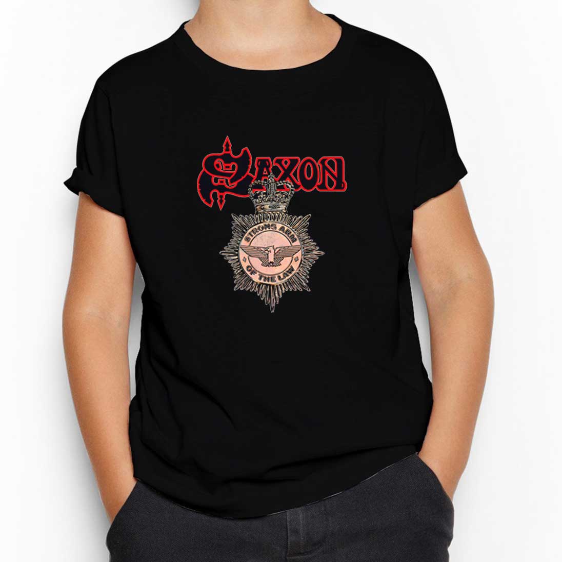 Saxon Strong Arm of the Law Siyah Çocuk Tişört