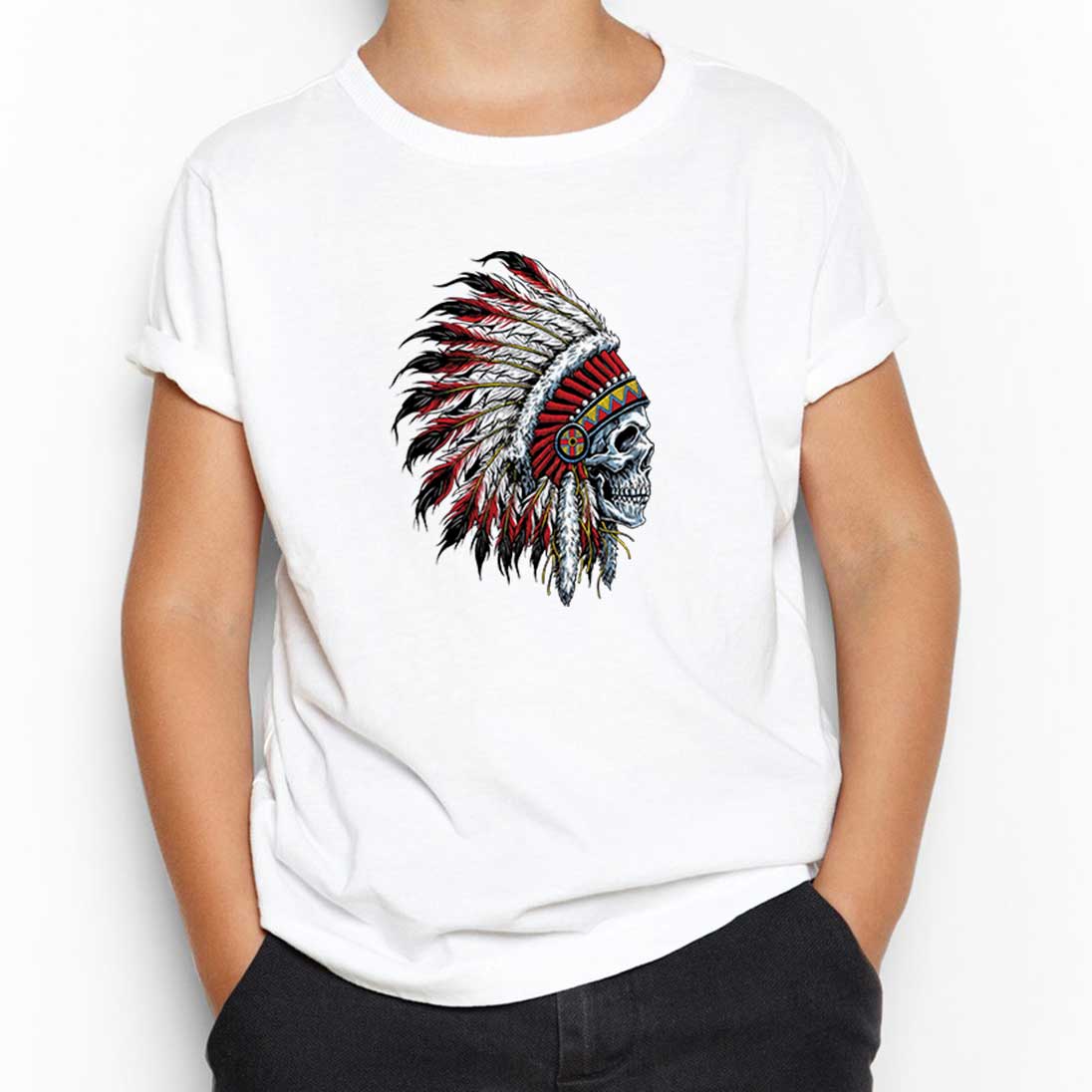 Kızılderili Skull Portre Beyaz Çocuk Tişört