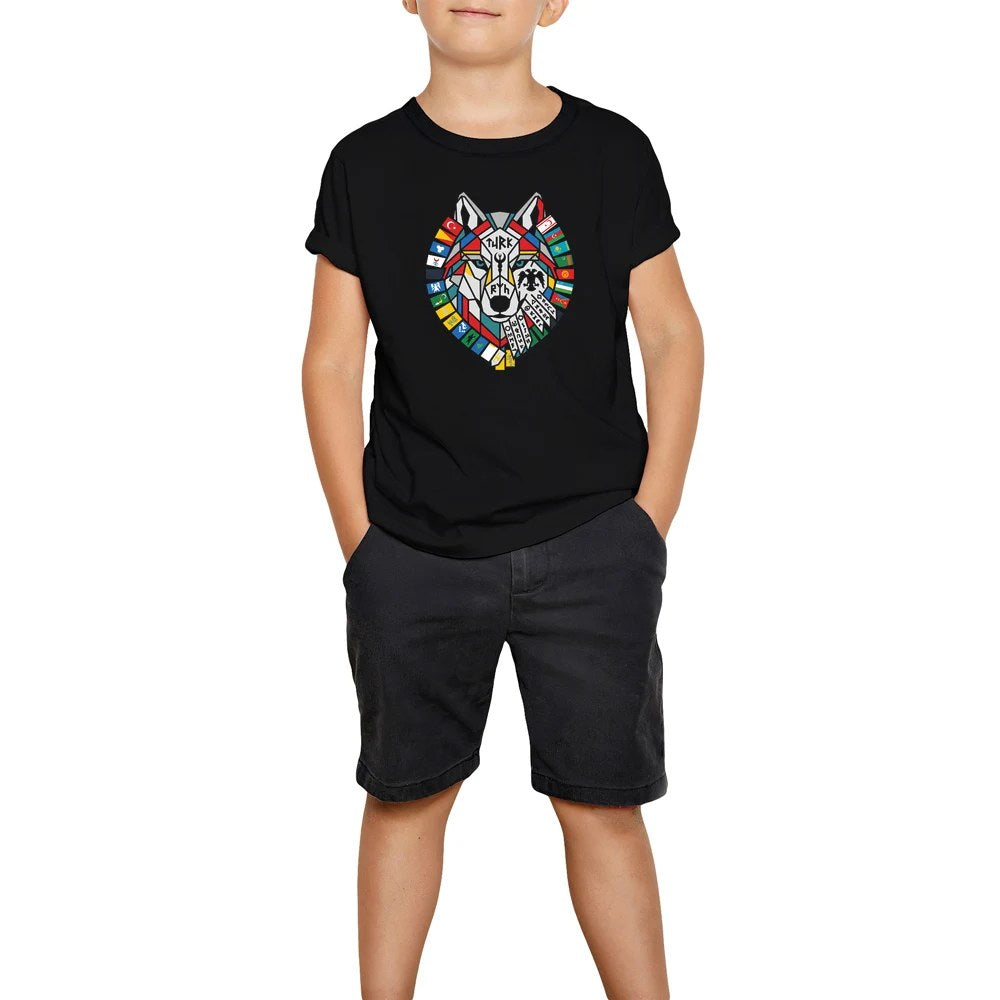 Bayrak Çelenkli Bozkurt Başı Baskılı Siyah Çocuk Tişört