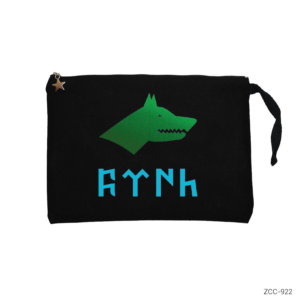 Göktürkçe Türk Kurtlu Mavi Yeşil Siyah Clutch Astarlı Cüzdan / El Çantası