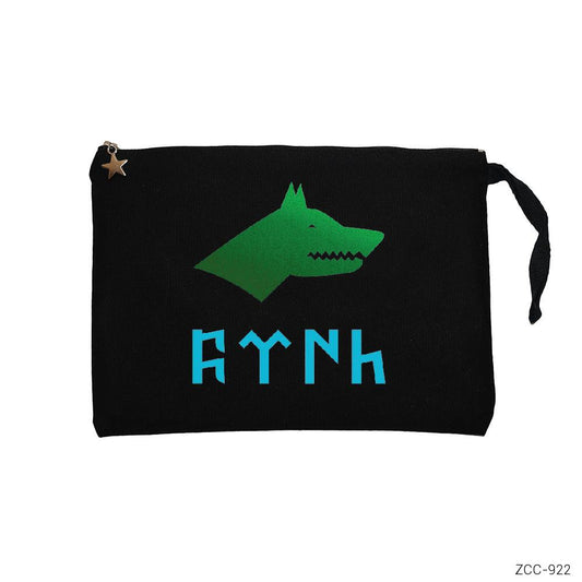 Göktürkçe Türk Kurtlu Mavi Yeşil Siyah Clutch Astarlı Cüzdan / El Çantası