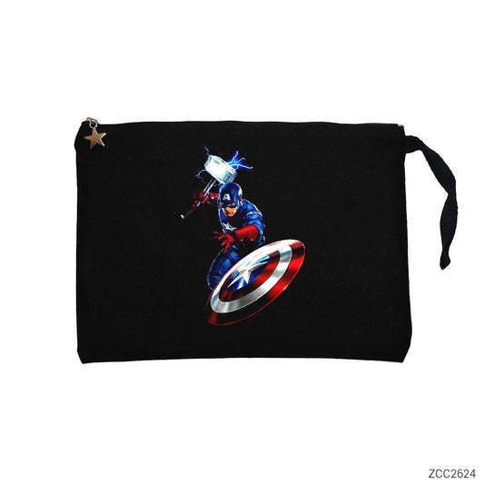 Captain America Mjolnir and Shield Siyah Clutch Astarlı Cüzdan / El Çantası