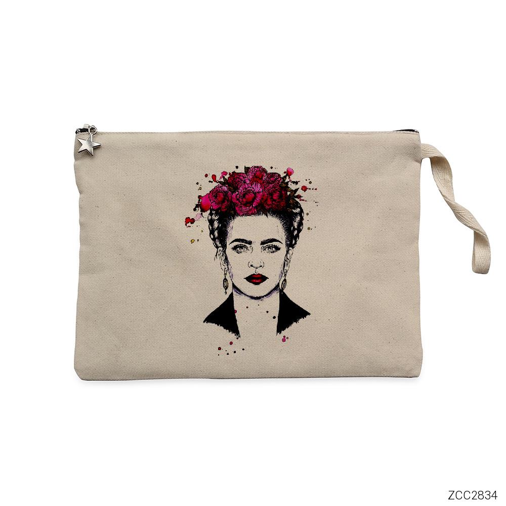 Frida Kahlo Portre - 7 Krem Clutch Astarlı Cüzdan / El Çantası