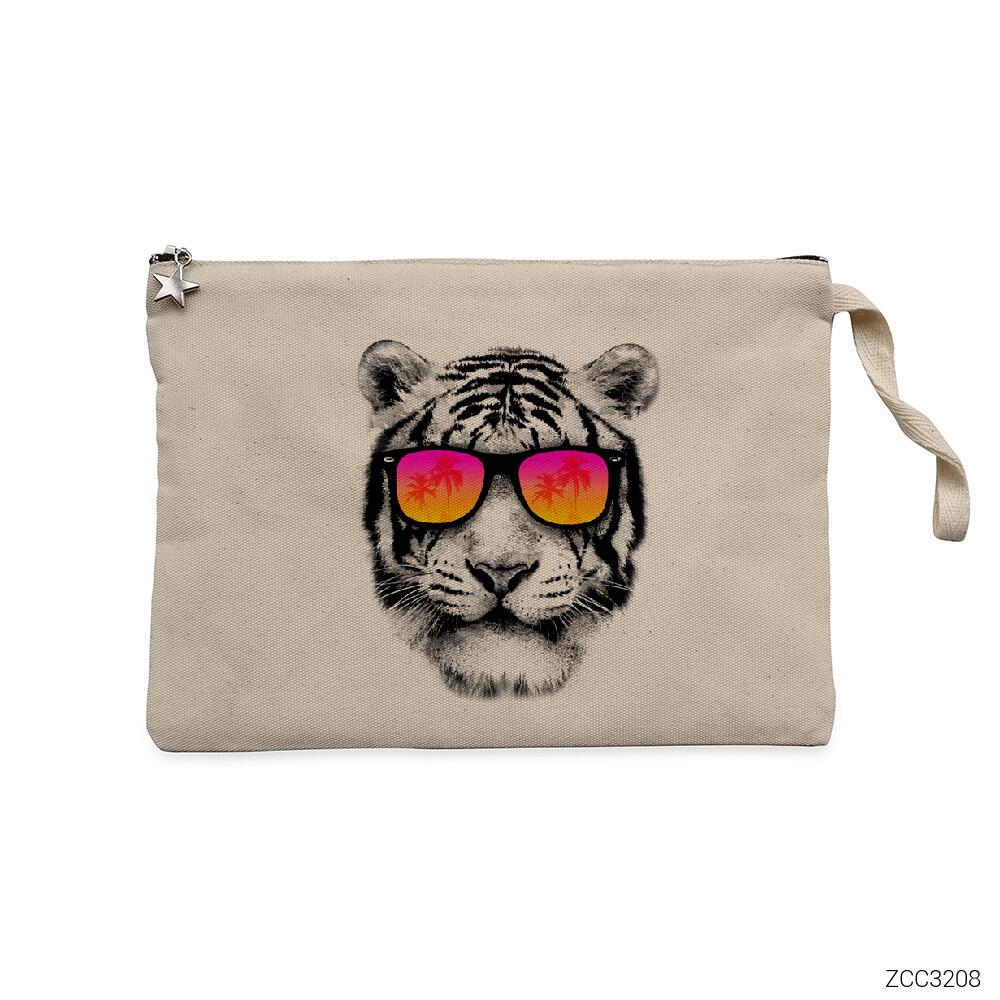 Güneş Gözlüklü Kaplan Krem Clutch Astarlı Cüzdan / El Çantası