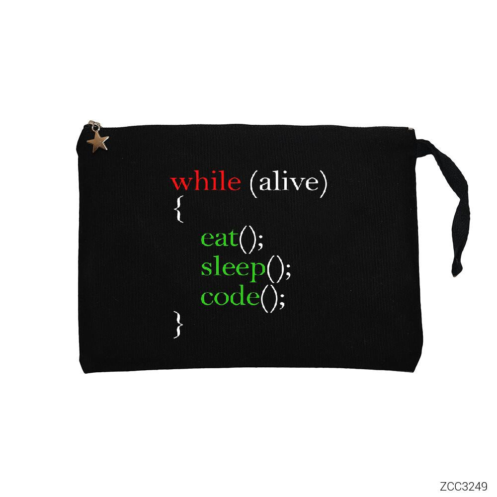 Eat Sleep Code Yazılımcı Siyah Clutch Astarlı Cüzdan / El Çantası