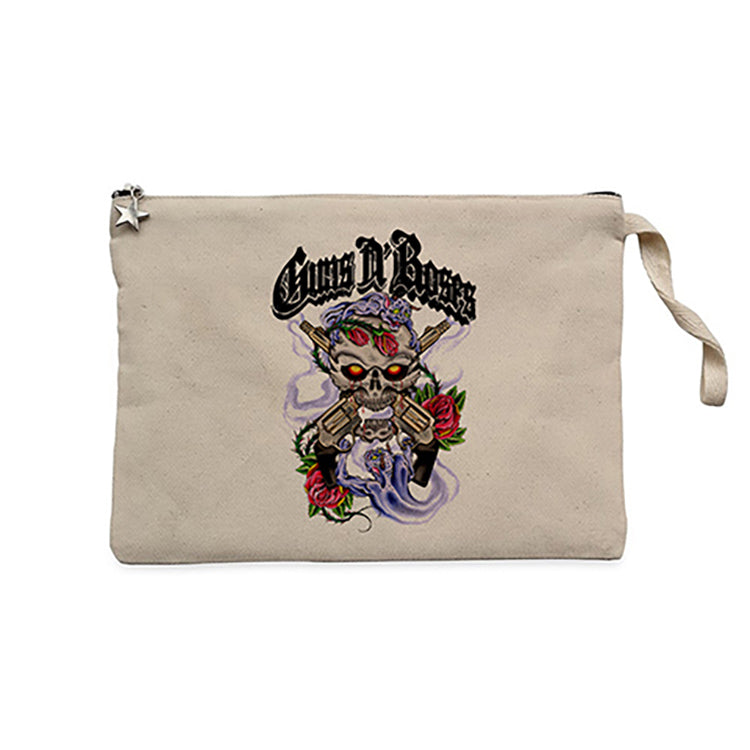 Guns N Roses Skull and Gun Krem Clutch Astarlı Cüzdan / El Çantası