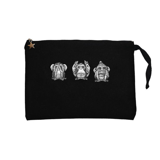 Three Monkeys Cartoon Siyah Clutch Astarlı Cüzdan / El Çantası