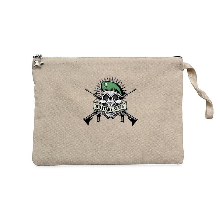 Military Style Skull Logo Krem Clutch Astarlı Cüzdan / El Çantası