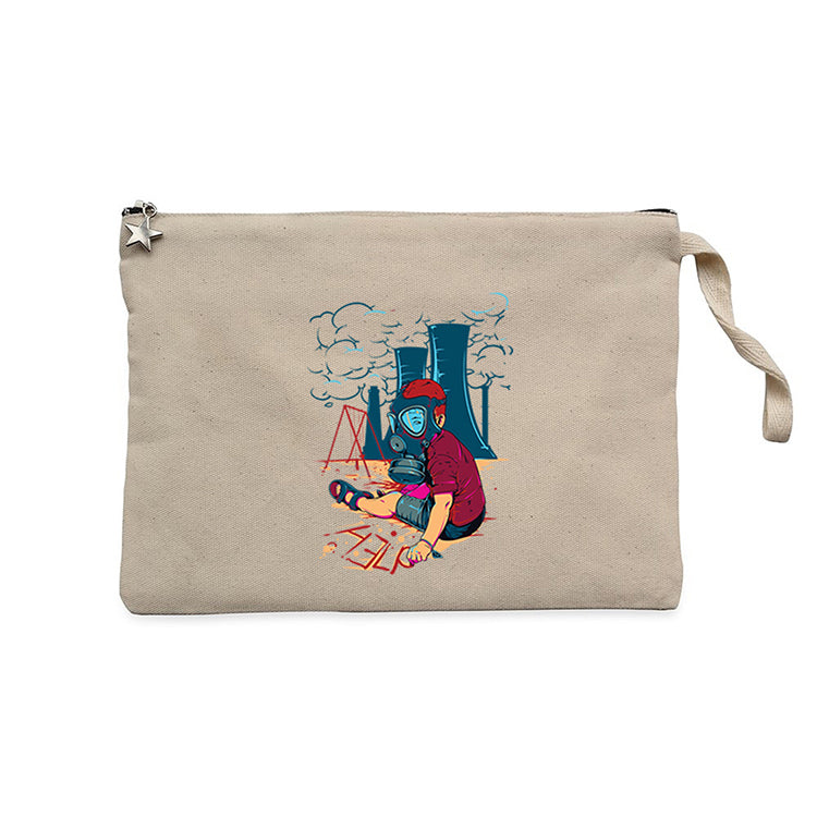 Gas Mask Boy Cartoon  Krem Clutch Astarlı Cüzdan / El Çantası
