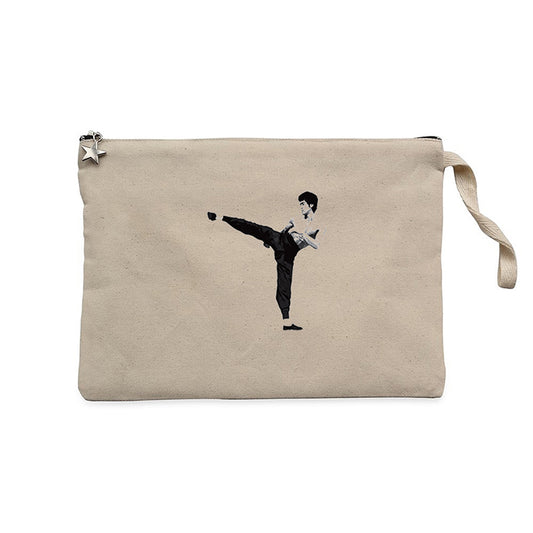 Bruce Lee Kick Deffense Krem Clutch Astarlı Cüzdan / El Çantası
