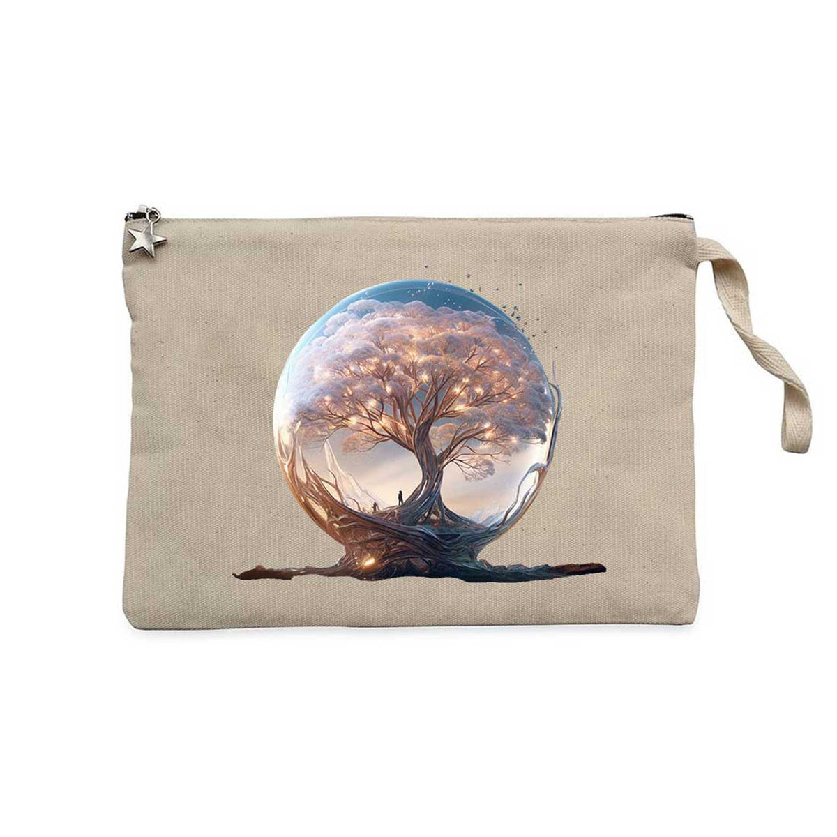 Tree Growing in Snow Gobe Krem Clutch Astarlı Cüzdan / El Çantası
