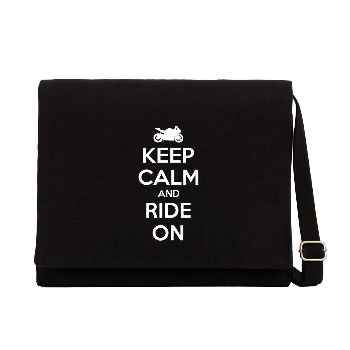 Keep Calm and Ride On Siyah Kanvas Postacı Çantası