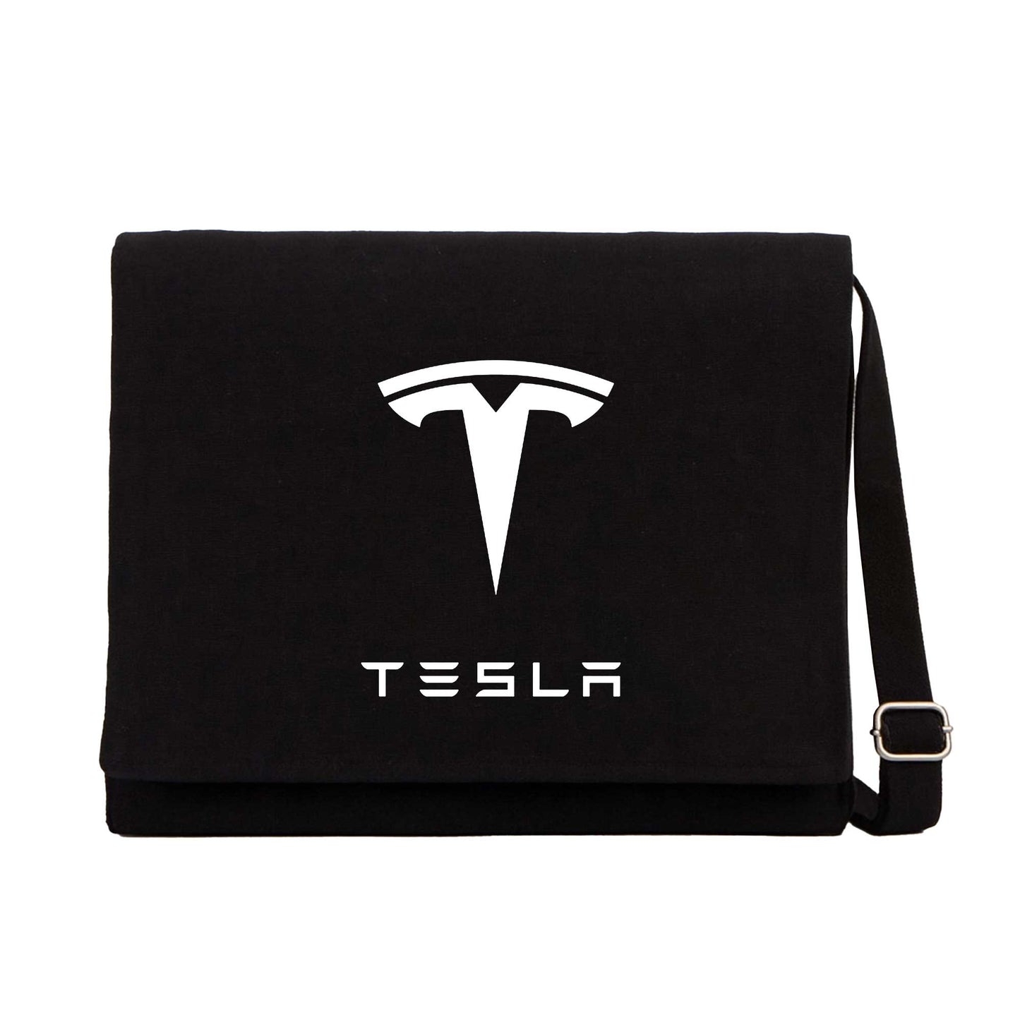 Tesla Logo Text Siyah Kanvas Postacı Çantası