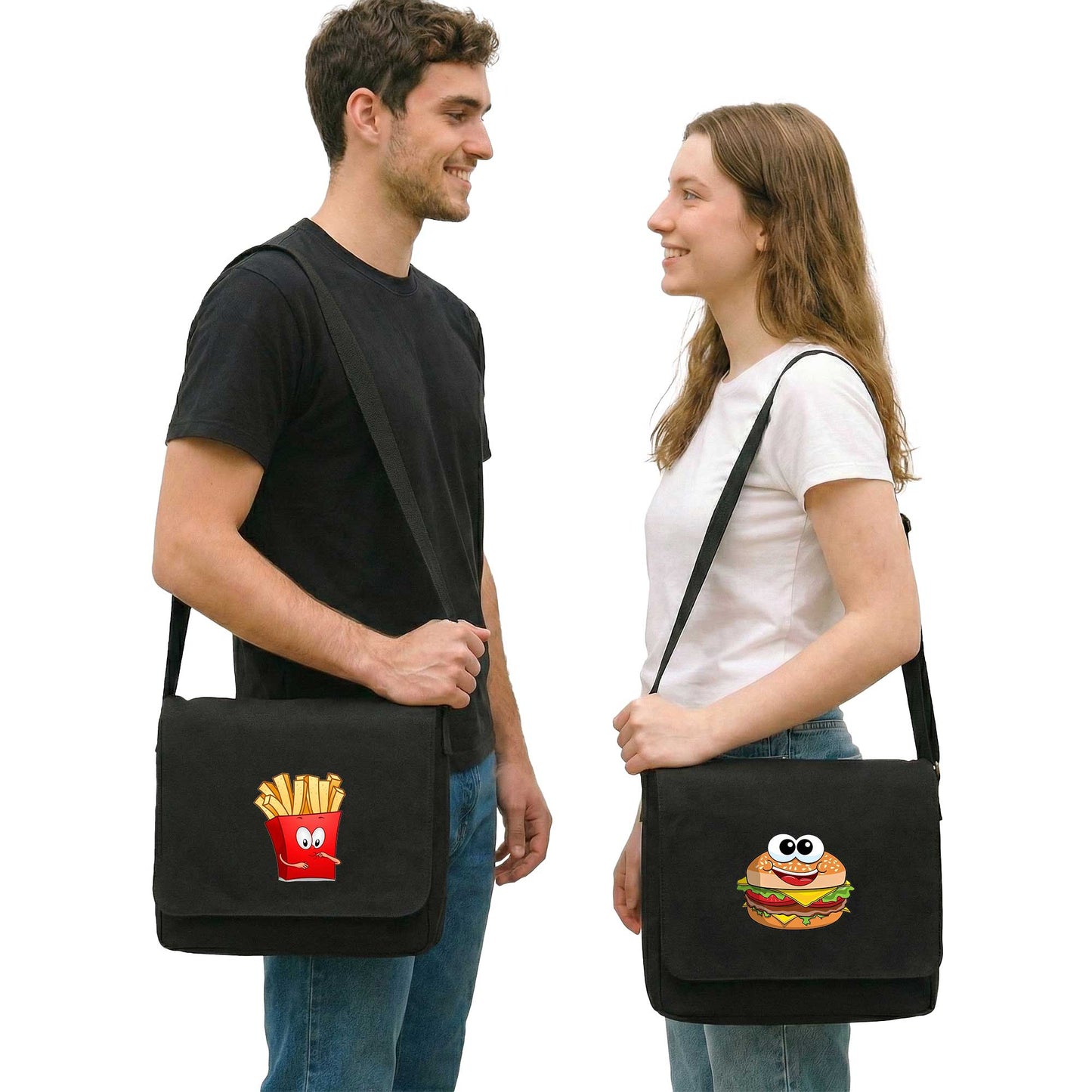 Hamburger Patates Sevgili Çift Postacı Çantası Kanvas